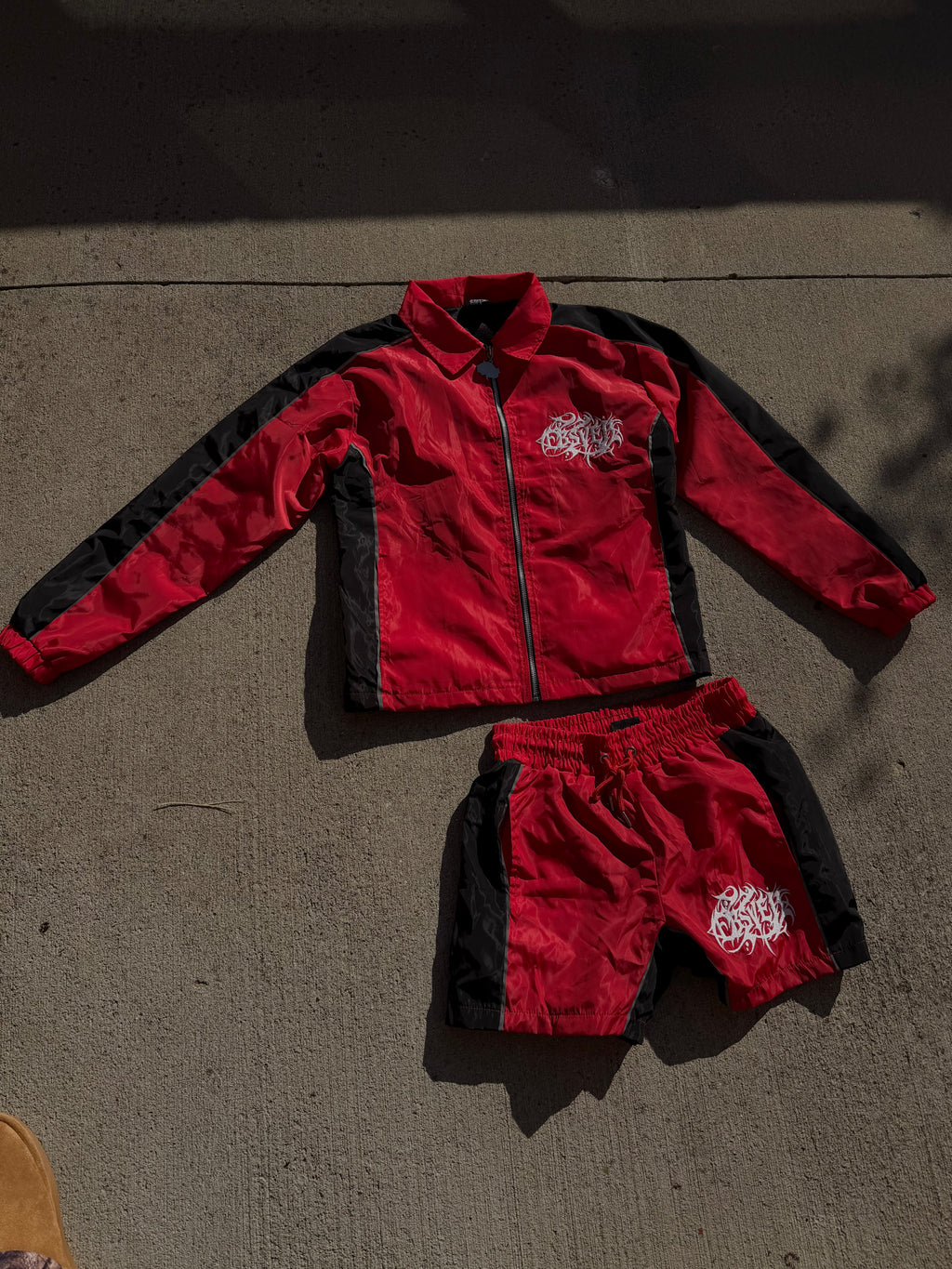 Red Windbreaker Short Set