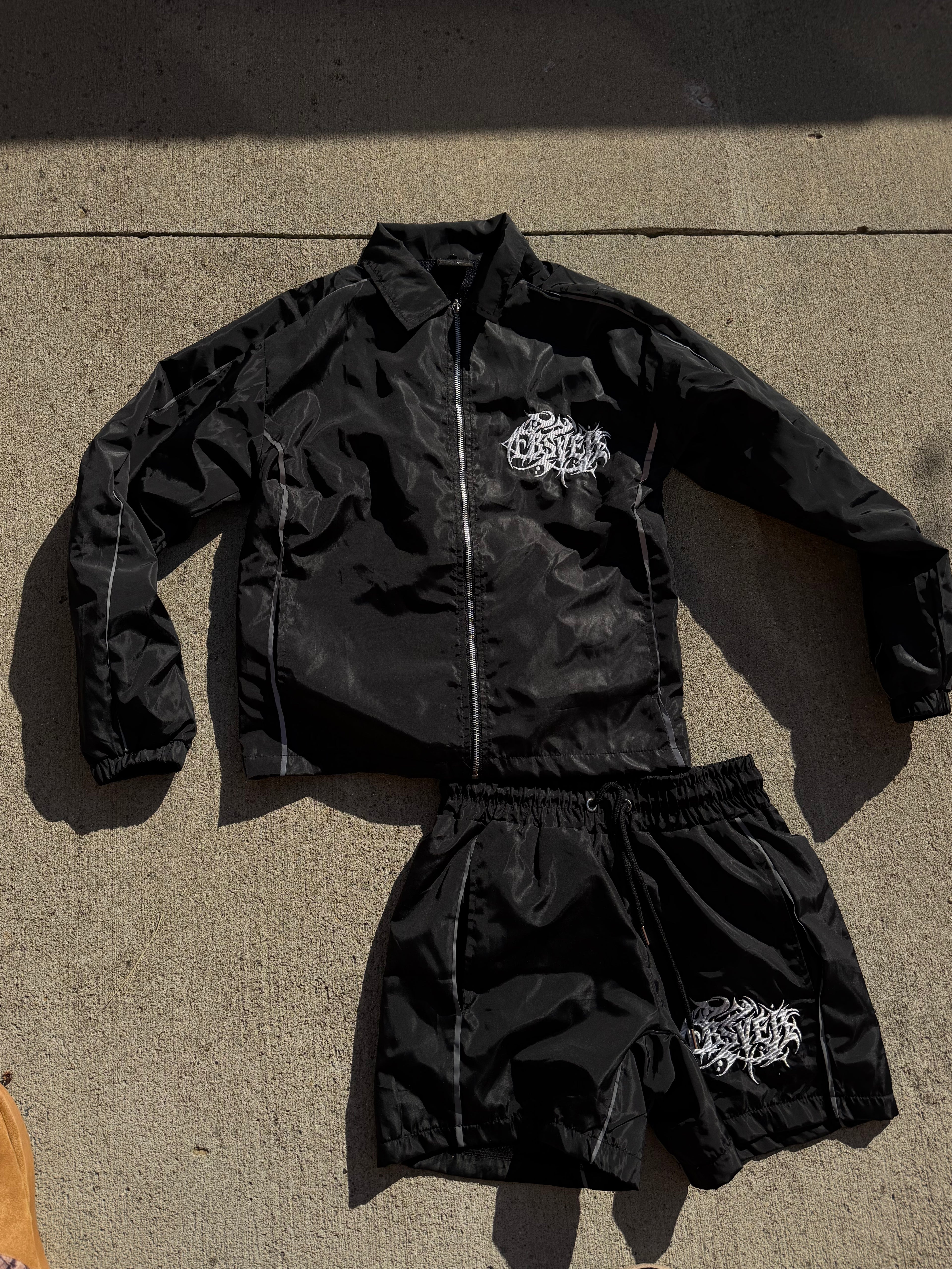 Black Windbreaker Short Set